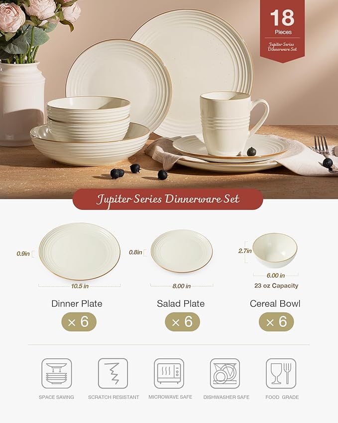 Famiware Jupiter Dinnerware Set, Plates and Bowls Dish Sets for 6 (18 Pieces), Microwave and Dishwasher Safe Stoneware Speckled Tableware, Chip and Scratch Resistant, Vanilla White