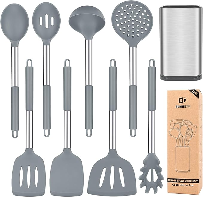 Silicone Cooking Utensil Set, 8Pcs Non-stick Cookware with Stainless Steel Handle, BPA Free Heat Resistant Kitchen Tools with Spatulas, Turnesr, Spoons, Skimer and Pasta Fork (GRAY)