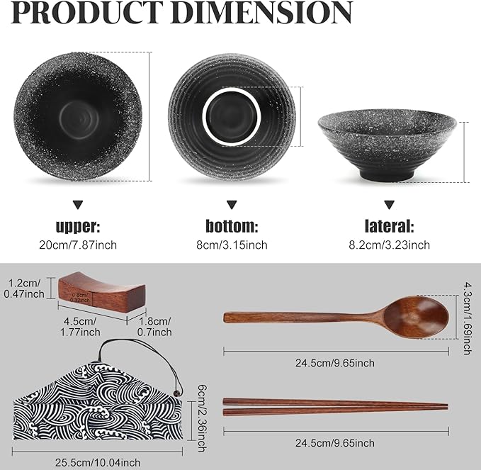 8 Inch Japanese Ramen Bowl Set, Ceramic Pho Bowls and Spoons Set of 2 with Chopsticks and Spoon for Ramen Soup Pho Udon Asian Noodles, Black