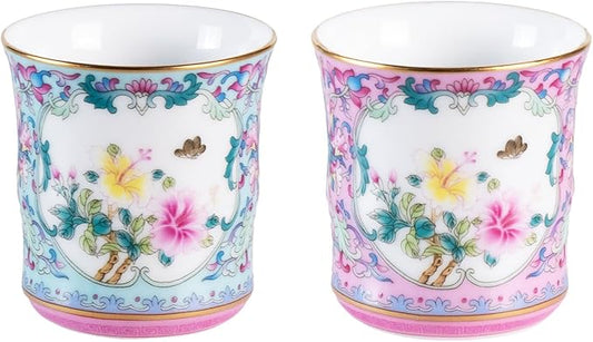 KAMMAK Tea Cups Set of 2, 3.53 Mini Ceramic & Porcelain Tea Mugs - Handleless Vintage, Non-Toxic Handcrafted Cups for Juice, Coffee, Gift(Pink + Lake Blue)
