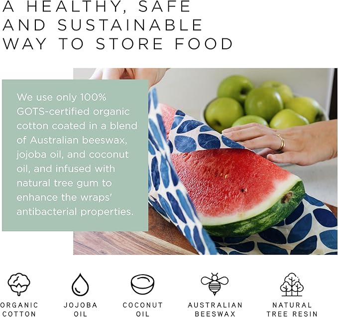 Honeybee Beeswax Wraps - Kitchen Starter Pack - Certified Organic Cotton Beeswax Wrap - Reusable Beeswax Wraps for Food - Plastic Wrap & Sandwich Bags Alternative - 3 Pack - Small, Medium & Large