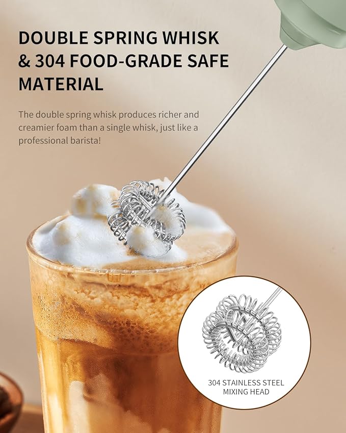 CIRCLE JOY Rechargeable Milk Frother Hanheld, Dual Ring Electric Coffee Frother, Portable Hand Frother Wand Drink Mixer for Matcha Lattes Cappuccino, Kitchen Gifts, Green