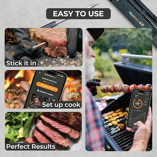 MeatStick 4X Wireless Meat Thermometer for Grilling and Smoking, Bluetooth Temperature Probe with 4 Sensors, 650ft+ Range for BBQ, Smoker, Oven