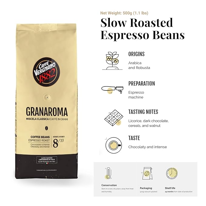 Caffe Vergnano 1882 Gran Aroma Whole Bean Arabica Medium Espresso Roast Coffee, 1.1lbs Bag - Italian Coffee Beans with Rich notes of Cocoa, Spices & Dried Fruit, Intensity 8/10-500g Bag