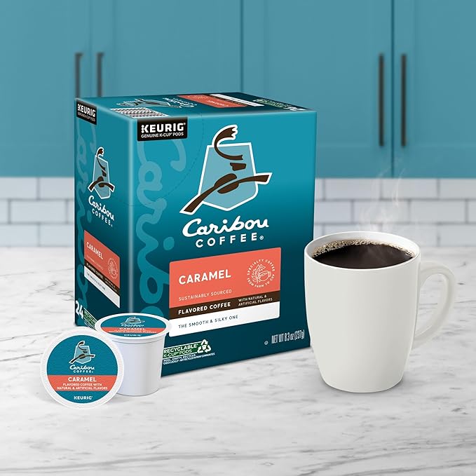 Caribou Coffee Caramel Flavored Coffee, Single Serve Keurig K-Cup Pods, Medium Roast Coffee, 96-Count Box (Pack of 4)