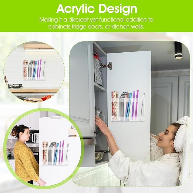 2 Pack Straw Holder for Cabinet, Acrylic Straw Organizer Cabinet Door Straw Holder with Double Sided Adhesive Tape and Stickers Straw Rack for Counter Cabinet Cupboard Kitchen (Clear)