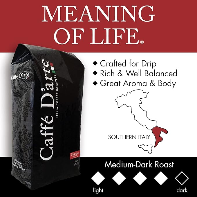 Caffe D'arte Meaning of Life Ground Coffee – Medium Dark Roast, Rich & Well-Balanced Flavor with Great Aroma, Crafted for Drip Brewing, Fresh Roasted in Seattle - 5 Pounds