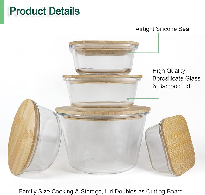 Glass Containers with Bamboo Lids for Food Storage and Meal Prep, Set of 5