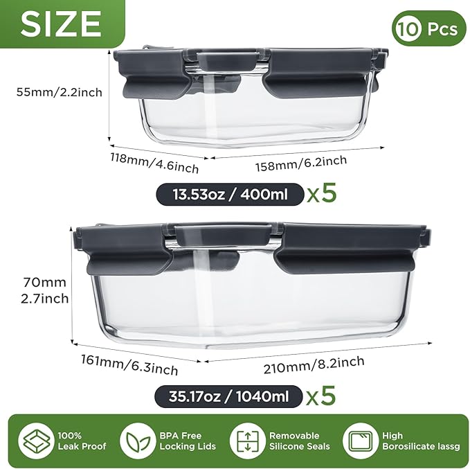 Glass Food Storage Containers with Lids,10 pack [36oz*5+13.5oz*5], Glass Meal Prep Container with Airtight Lids, Microwave Safe Food Container Set, BPA Free, LeakProof, Ideal for Lunch