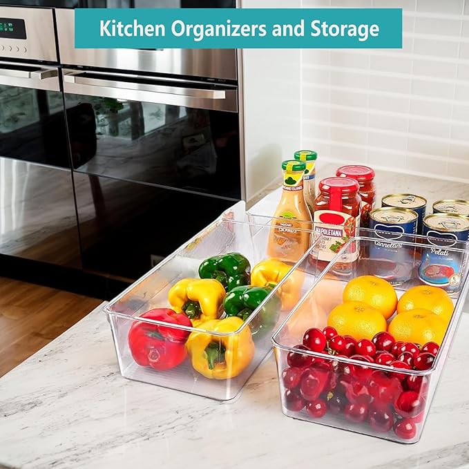 Set of 8 Clear Pantry Organizer Bins,4 Pack Stackable Fridge Organizer And 4 Pack Refrigerator Organizers and Storage with 3 Dividers,BPA-Free Spice Organization for Kitchen Cabinet