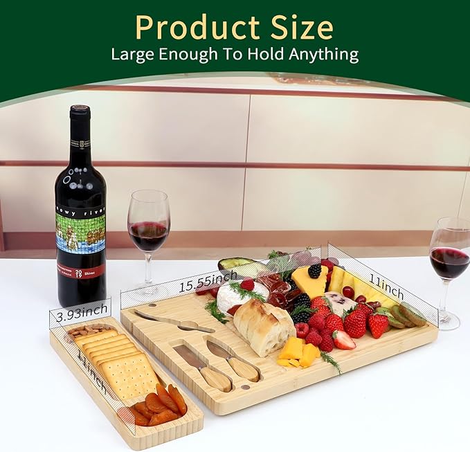 Premium Bamboo Charcuterie/Cheese Board Set – Wooden Serving Tray with Hidden Knife Storage – Cheese Knives & Forks - Perfect Bridal Shower, Housewarming, Anniversary, Mother's Day Gifts