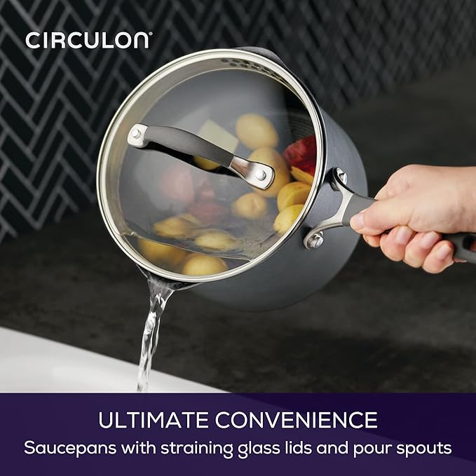 Circulon A1 Series with ScratchDefense Technology Nonstick Induction Straining Sauce Pan with Lid, 3 Quart, Aluminum, Graphite