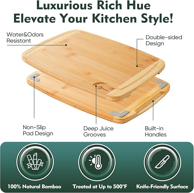 Bamboo Cutting Board Natural Bamboo Set With Smooth Surface 4 Packs with Non Slip Feet Holder and Over Sink Solid Thick Durable Wood Charcuterie Serving Tray Meat, Fruit, Vegetables & Cheese