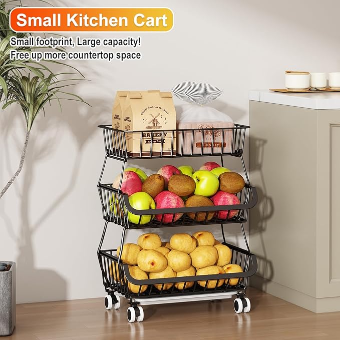 Miyawell 3-Tier Rolling Pantry Cart with Wheels, Stackable Wire Storage Floor Organizer for Kitchen Pantry Snack Shelves, Fruit Basket Stand, Vegetable Storage Rack for Food Snacks Onion Potato