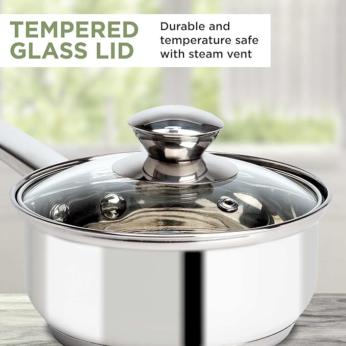 Ecolution Stainless Steel Sauce Pan, Encapsulated Induction Ready Cooking Pot with Glass Lid, Oven Safe, Dishwasher Safe Soup Pot, 1-Quart