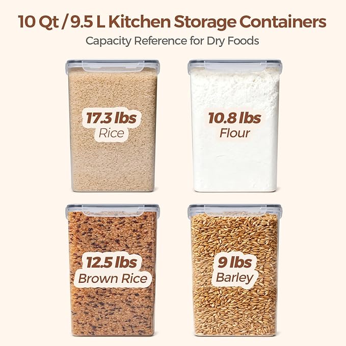 ComSaf Rice Container Set of 2(9.5L/10Qt), Large Airtight Food Storage Containers with Lid and Rice Washer, Plastic Canisters Sets for The Kitchen, Pantry Organizers for Flour, Cereal and Cooking