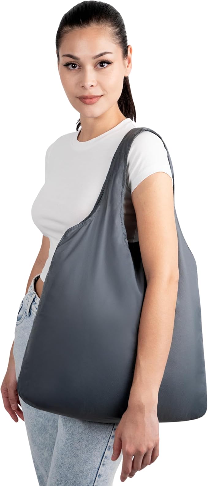 Nanobag Ultra-Lightweight Heavy Duty Foldable Tote for Women & Men, Reusable Grocery & Travel Bag, Packable Collapsible Compact Market Essential (XL Gray)