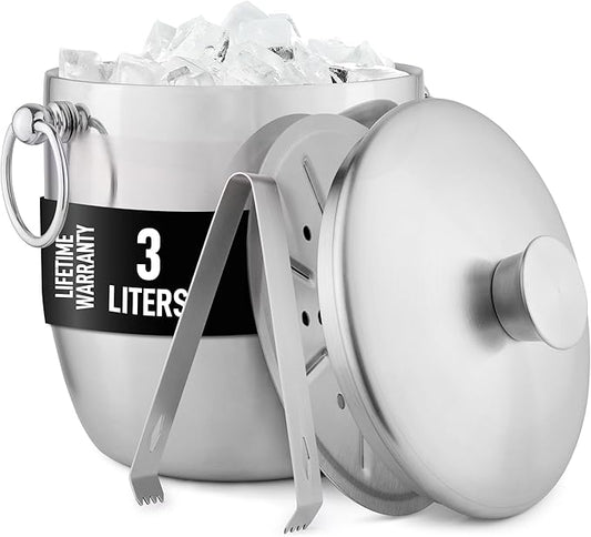 Zulay Kitchen Premium Stainless Steel Double-Wall Insulated Ice Bucket Kit – 3L, Leak-Proof, Stylish Drink Cooler for Parties, Cocktails, Wine, and Whiskey – Perfect for Home & Bar Use