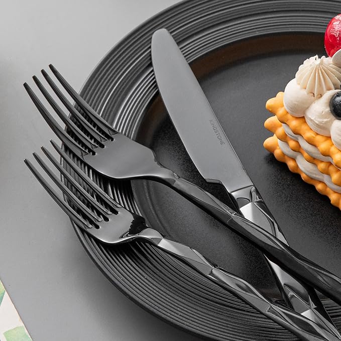 KINGSTONE Black Silverware Set, Luxury 60 Piece Flatware Set for, 18/10 Stainless Steel Cutlery Set with Diamond Cut Pattern for Kitchen, Home, Wedding, Party, Mirror Polished and Dishwasher Safe