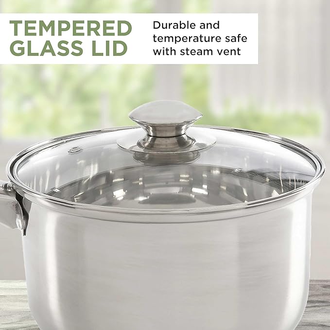 Ecolution Stainless Steel Sauce Pan, Encapsulated Induction Ready Cooking Pot with Glass Lid, Oven Safe, Dishwasher Safe Soup Pot, 3-Quart