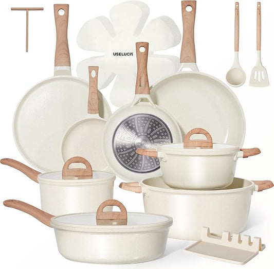 Pots and Pans Set Non Stick Non-Toxic 22 Pcs Ceramic Cookware Sets Nonstick Kitchen Pot&Pan With Lid Cream White Granite Induction Compatible with Glass Lids Crepe Frying Pan PFOA/PFOS-Free