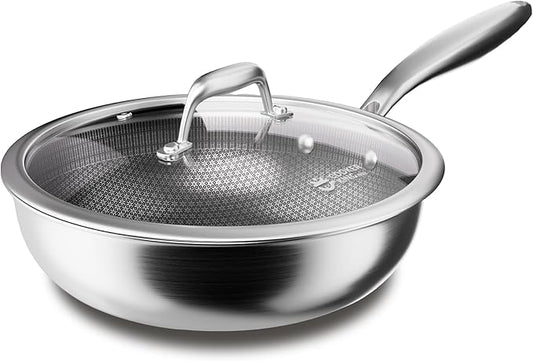 COOKER KING 12-Inch Wok with Lid, Hybird Nonstick Wok Professional Grade, Stainless Steel Woks & Stir-Fry Pans, Stay-Cool Handle, Dishwasher & Oven-Safe,Compatible with All Cooktops