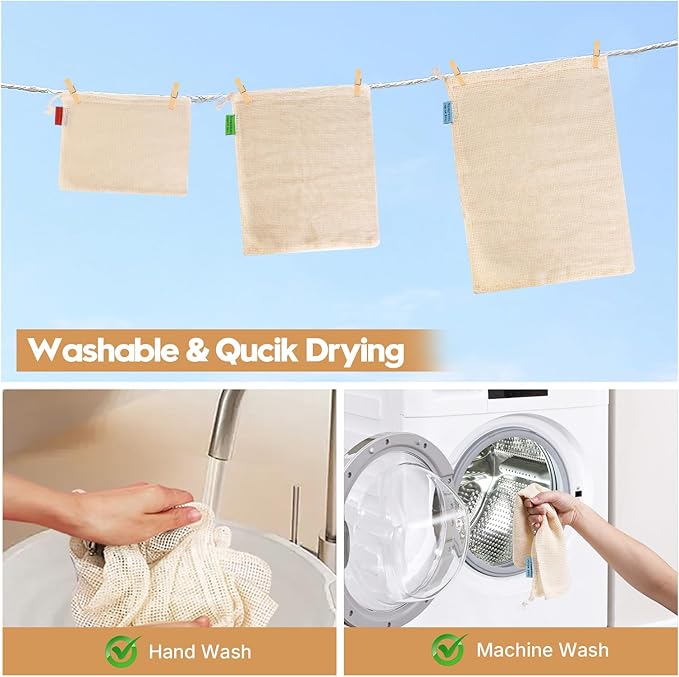 9 Pack Reusable Produce Bags Reusable Washable - vegetable bags grocery reusable - Vegetable Bags - Produce Storage Bag - Mesh Bags for Grocery Shopping, Vegetables & Fruits - 100% Cotton(3S/3M/3L).