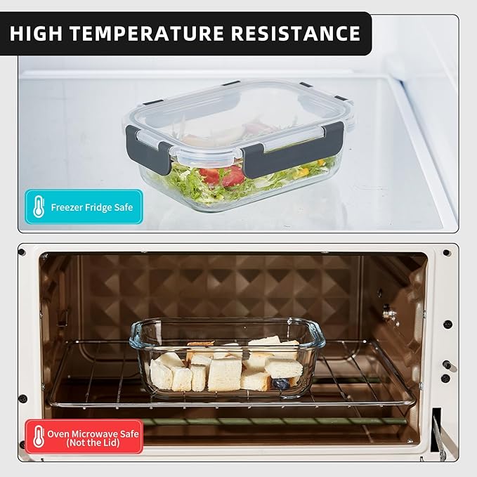 10 Pack Glass Meal Prep Containers with Lids, Reusable Airtight Leakproof Glass Lunch Bento Boxes, Freezer, Microwave Oven and Dishwasher Safe, Gray