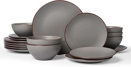 Famiware Venus Plates and Bowls Sets, 18 Pieces Stoneware Dinnerware Sets, Speckled Dishes Set for 6, Microwave and Dishwasher Safe, Matte Dark Grey