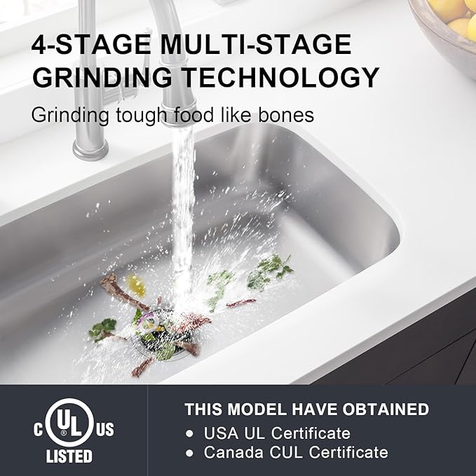 Garbage Disposal 3/4 HP Ultra Quiet powerful grinding Kitchen Food Waste Disposer with Power Cord Easy install, AC Motor Unit Continuous Feed Stainless Steel Grind 0.75 Horsepower (MAX-5)