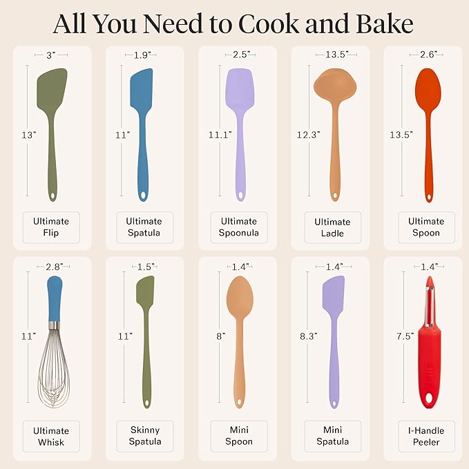 GIR: Get It Right 10-Piece Silicone Ultimate Kitchen Utensil Set – Spatulas, Ladle, Flip, Spoons, Whisk, Peeler & Spoonula – Nonstick, Non-Toxic, Heat-Resistant – Mediterranean