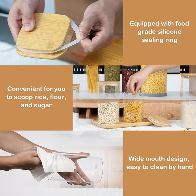 5oz Airtight Square Spice Containers with Bamboo Lid Set of 12 with Black Lables Storage Stackable Spice Jar, Kitchen Canister for Sugar, Tea, Flour, Salt and Seasonings (‎Clear Glass)