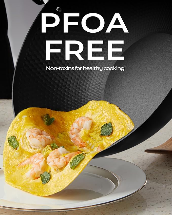 Carbon Steel Wok Pan, Tripole Nitrided Pre-Seasoned Flat Bottom Woks & Stir-Fry Pans Nonstick, Chinese Wok with Glass Lid for All Stovetops, Gift for Chef - 11.8 Inch