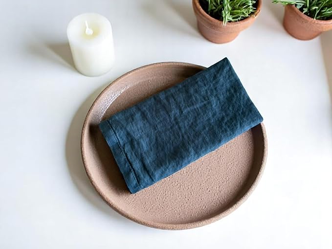 Hemstitched Linen Napkins – 20 Inch x 20 Inch – Stonewashed Pure Linen Cloth Dinner Napkins with Mitered Corners - 100% French Flax – Machine Washable - Set of 4 (Soft Teal Blue)