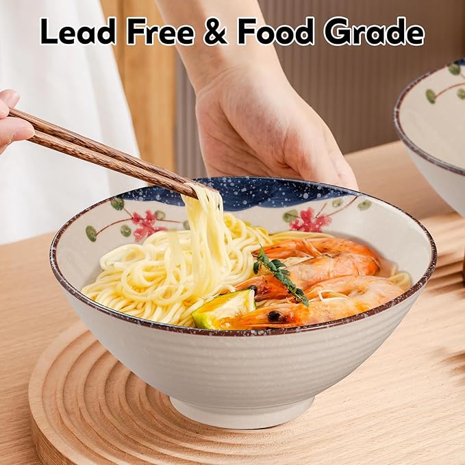 40 OZ ceramic ramen bowls, 8 IN large Japanese noodle soup bowl, match chopsticks and spoons, suitable for Pho, Udon Asian noodles (Colorful flowers)