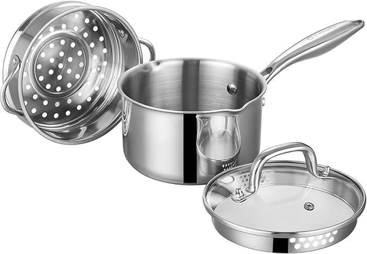Tri-Ply Stainless Steel Sauce Pan with Steamer Basket & Straining Glass Lid — Heavy-Duty,Thick Base,Rust-Resistant,Warp-Free —100% Food-Grade —Built to Last– Works with All Stovetops, Pasta Pot 2.5 QT