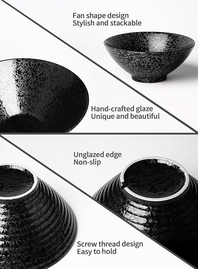 Kanwone Ceramic Japanese Ramen Bowl Set, Noodle Soup Bowls - 37 Ounce, with Matching Spoons and Chopsticks for Udon Soba Pho Asian Noodles, Set of 2, Black