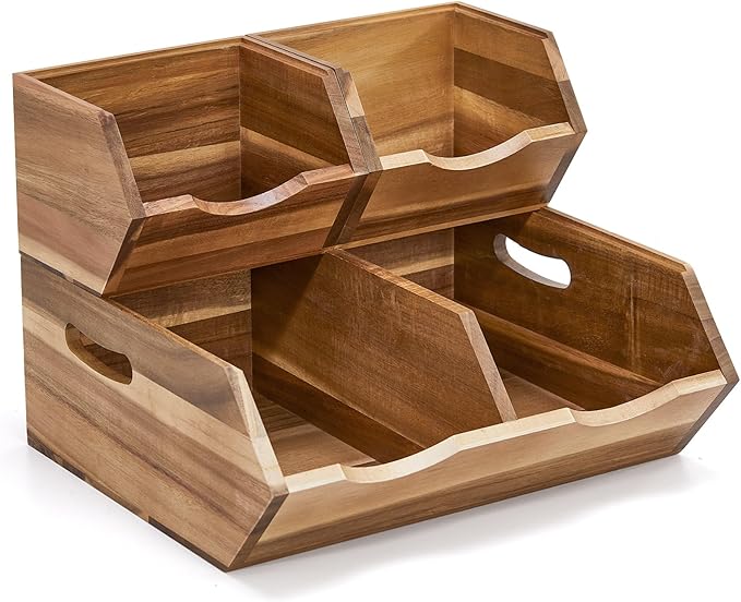 Acacia Wood Pantry Storage Bins, Stackable Storage Baskets Potato and Onion Storage Bins, Pantry Organizer Wooden Baskets Organization and Storage, Set 3 Pieces