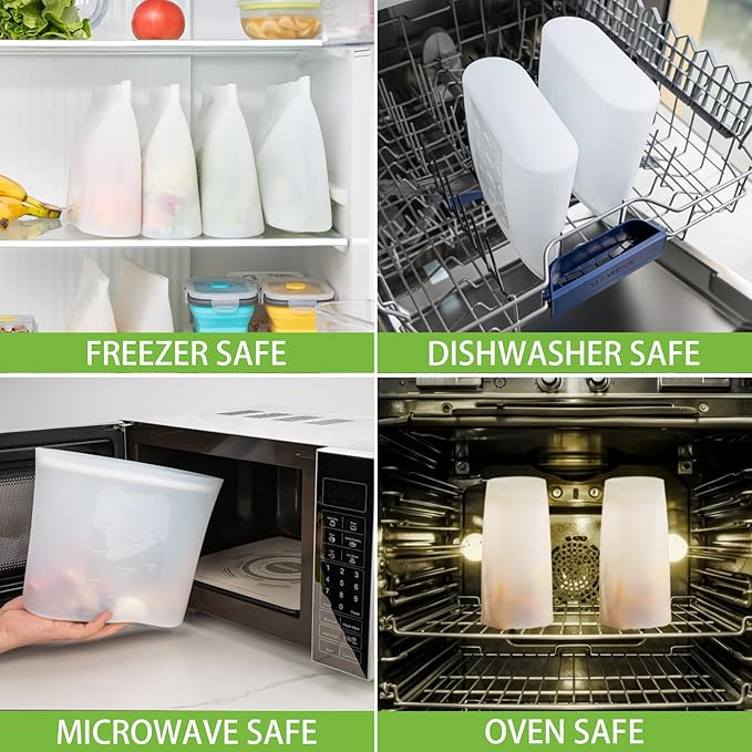 Reusable Food Storage Bags Half-Gallon, 4 Pack 100% Silicone Food Storage Bags Stand-Up Wide-Mouth Zip-Lock for Large Items, 67 fl.oz/2000 ml, Freezer Microwave Oven Dishwasher Safe, Translucent
