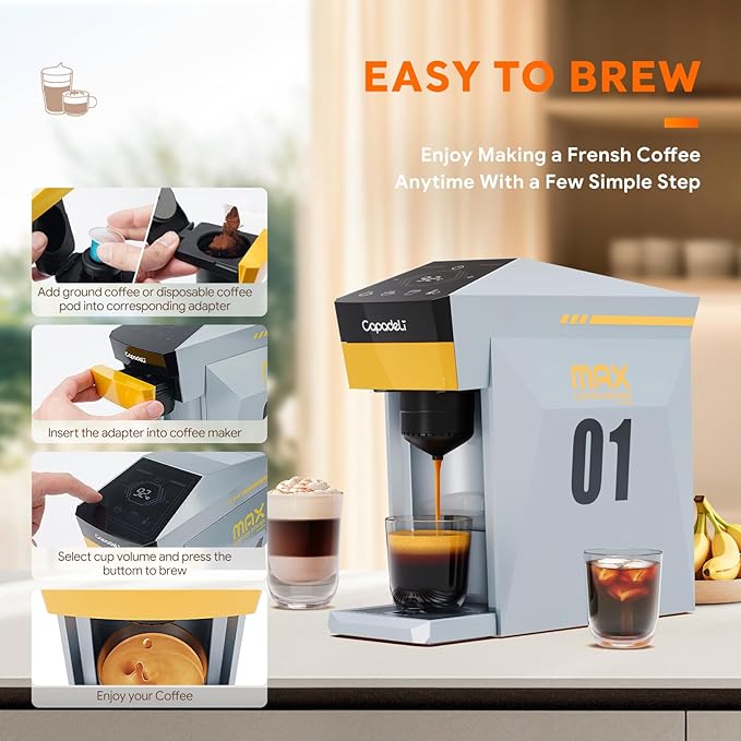 4 in 1 Single Serve Coffee Maker,Fast Brew in 1 minute 19Bar Pump Coffee Machine for K*Cup/NES*presso/Ground Coffee/Do'lce Gusto,with 27oz Removable Water Reservior, Espresso Coffee Machine,