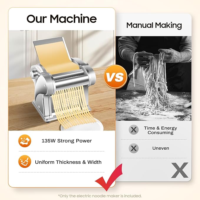 Electric Pasta Maker, Stainless Steel Roller Noodle Making Machine with 8 Adjustable Thickness Settings, Commercial Noodle Maker with Rollers and Cutter, for Spaghetti, Fettuccini, Lasagna