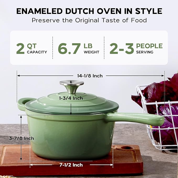 Onader Cast Iron Sauce Pan Pot, 2QT Small Saucepan with Lid, Enameled Cast Iron Dutch Oven Cooking Kitchen Pot – Pistachio Green