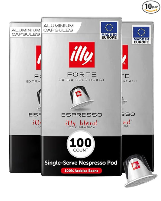 illy Aluminum Espresso Capsules - Compatible with Nespresso Machines - Forte Extra Bold Roast Coffee - Rich & Strong Flavor - Notes of Dark Chocolate - Single Serve Capsules - 10 Count (Pack of 10)