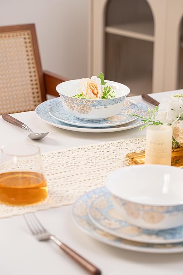 Bone China Plates and Bowels,12-Pieces Dinnerware Sets, Highly Chip and Crack Resistant, Dishwasher & Microwave Safe Dishes Set, Dense and Translucence