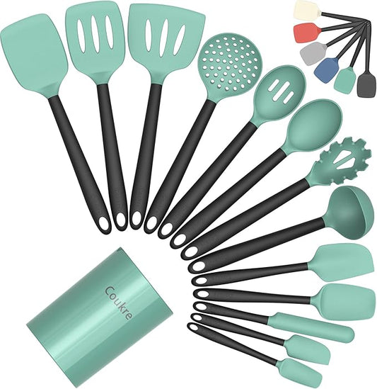 Coukre Silicone Kitchen Cooking Utensils Set with Holder – Heat-Resistant, Food-Grade Kitchen Tools, Spatula, Spoon & Gadgets for Non-Stick Pans, Dishwasher Safe (14, AquaGreen)