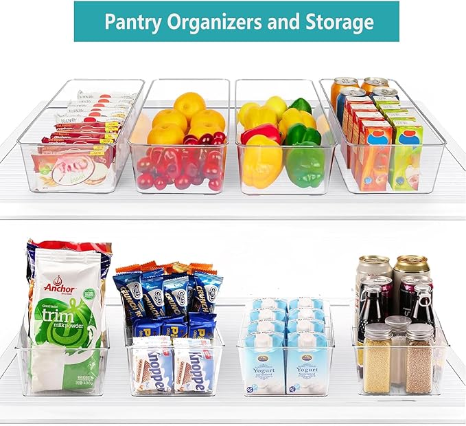 Set of 8 Clear Pantry Organizer Bins,4 Pack Stackable Fridge Organizer And 4 Pack Refrigerator Organizers and Storage with 3 Dividers,BPA-Free Spice Organization for Kitchen Cabinet