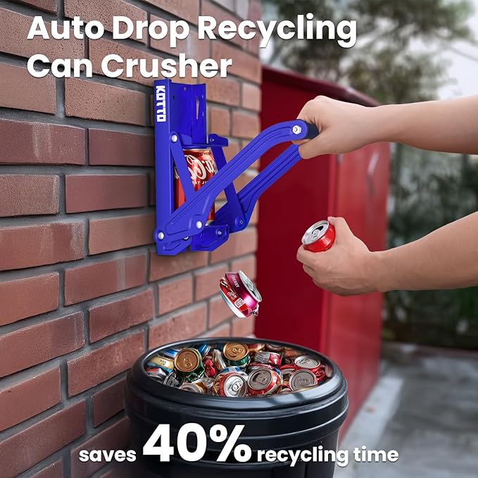 Kotto Can Crusher - Wall Mounted Can Crushers for Recycling - with Auto-Drop System -Built-in Bottle Opener-Crushes 8-16oz Cans-Includes Kitchen Storage Bag-Heavy Duty Can Crusher for Home Use-Blue