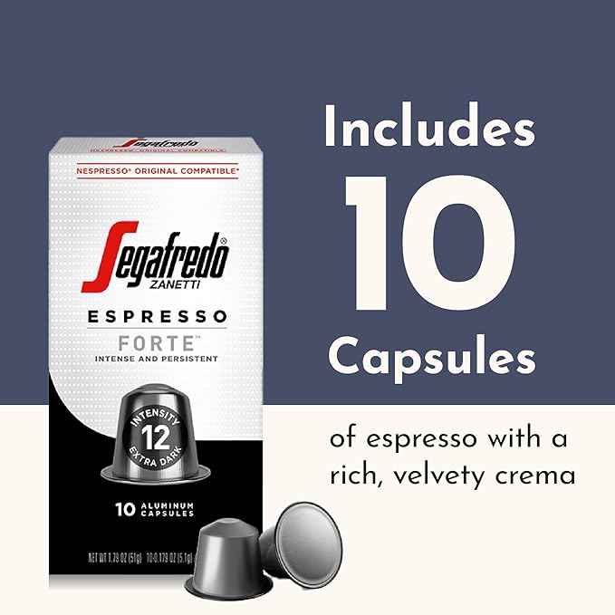 Segafredo Zanetti Espresso Capsules – Aluminum Pods for Nespresso Original Machines – Extra Dark Roast Premium Espresso with a Bold Aroma – Smoky, Intensity 12 – Forte, 10 Count