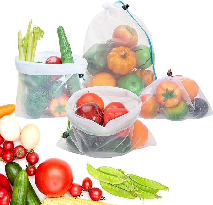 8 Reusable Blue Mesh Produce Bags - Large (12"x17") Washable See-Through Mesh for Fruit, Veg, Toy Storage