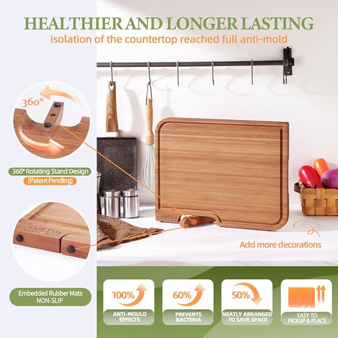 Golf-Fox XL Bamboo Cutting Board - Wood Cutting Board with Stand, Double-Sided: Chopping Board and Charcuterie Board, Kitchen Gift for Home Cooks, For Meat &Fruit